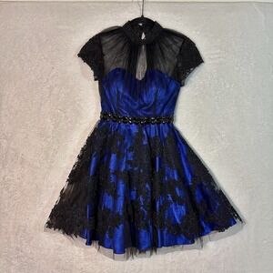 Claudine Womens Sz 4 Cocktail Party Dress Blue With Black Lace Jewels Netting